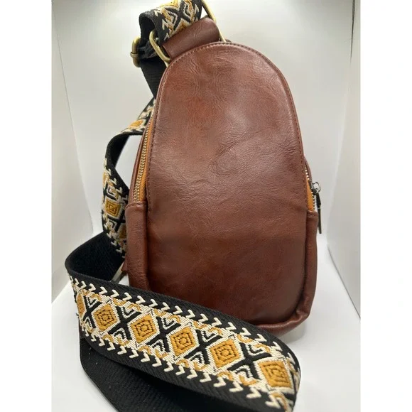 Faux Leather Brown Sling Bag Aztec Strap Crossbody‎ Backpack Purse Women - Picture 2 of 7